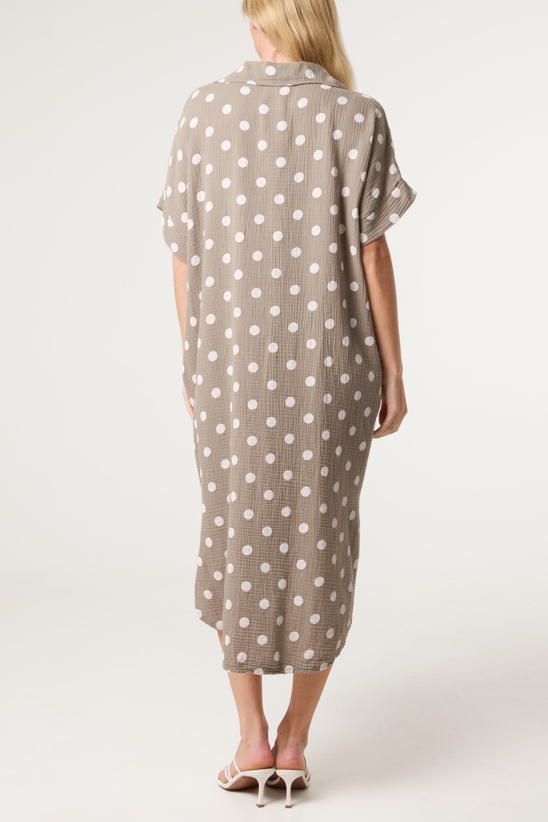 Collar Polka Dot Cotton Midi Dress