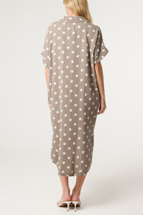 Collar Polka Dot Cotton Midi Dress