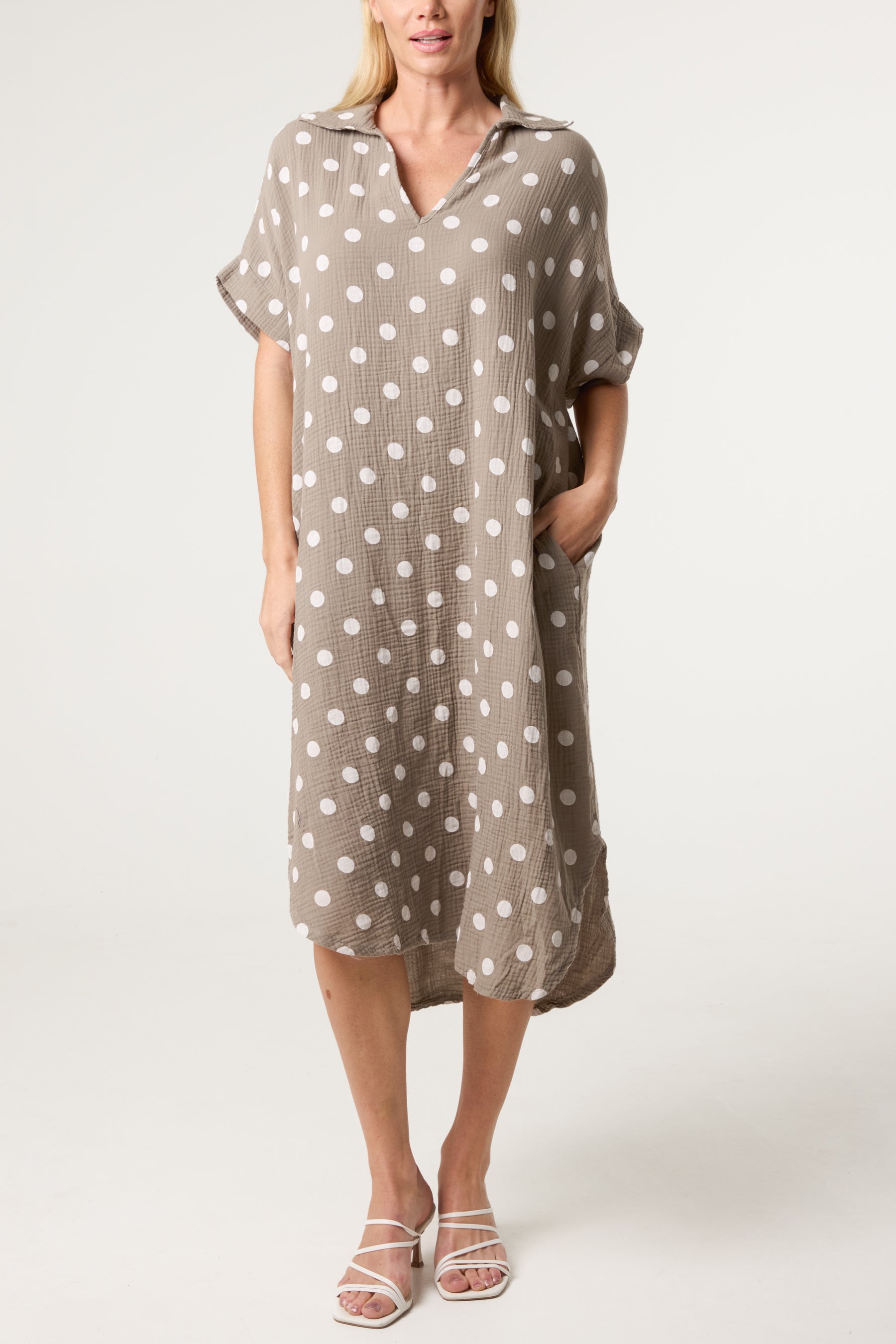 Collar Polka Dot Cotton Midi Dress