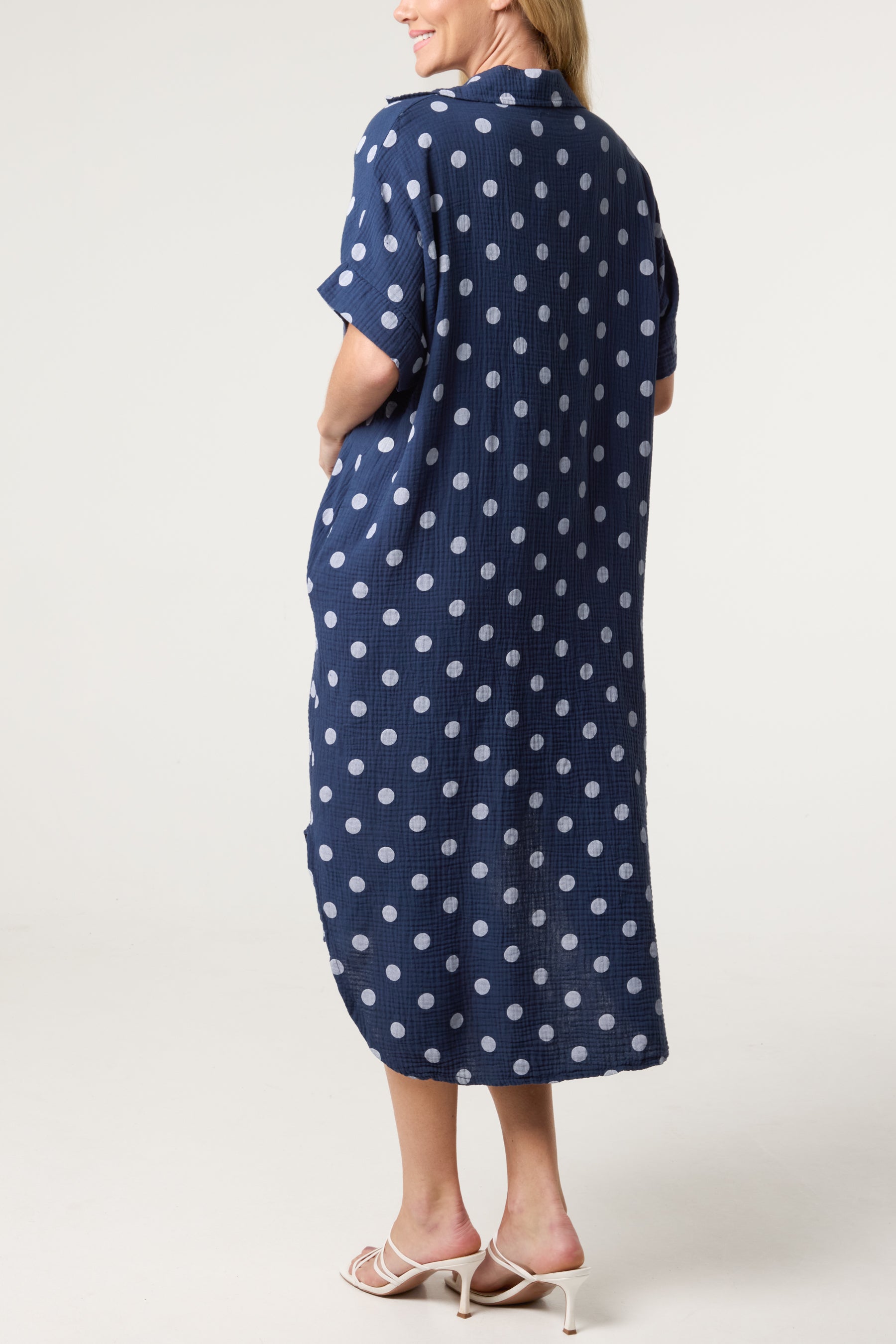 Collar Polka Dot Cotton Midi Dress