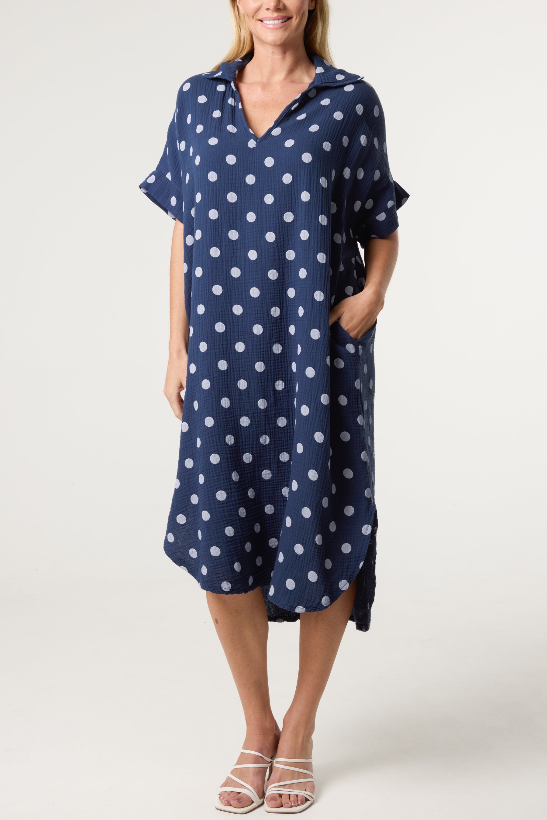 Collar Polka Dot Cotton Midi Dress