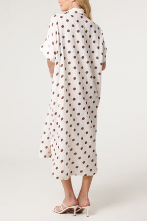 Collar Polka Dot Cotton Midi Dress
