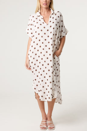 Collar Polka Dot Cotton Midi Dress