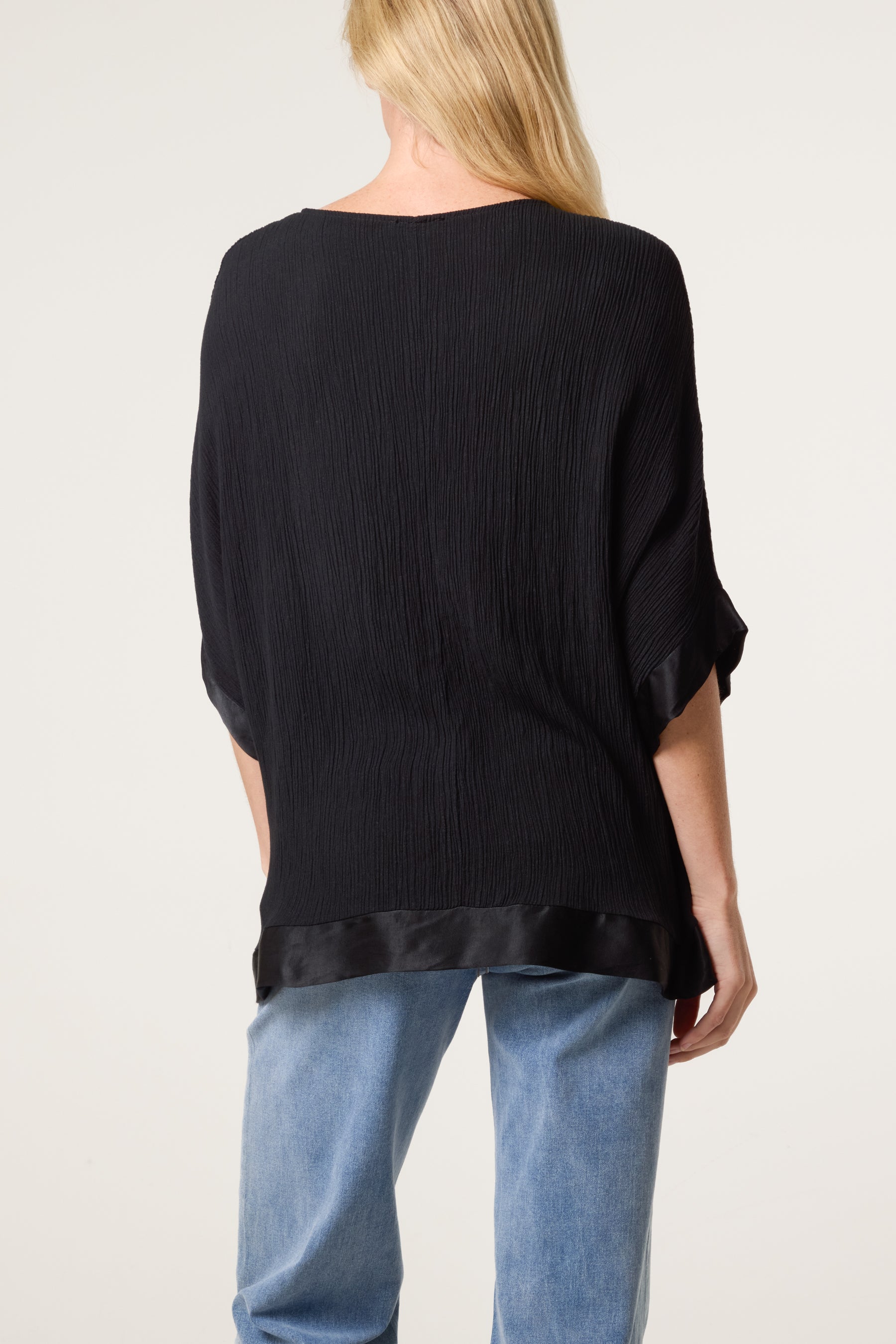 Crinkle Fabric Satin Trim Top