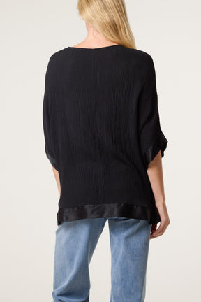 Crinkle Fabric Satin Trim Top