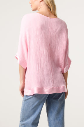 Crinkle Fabric Satin Trim Top