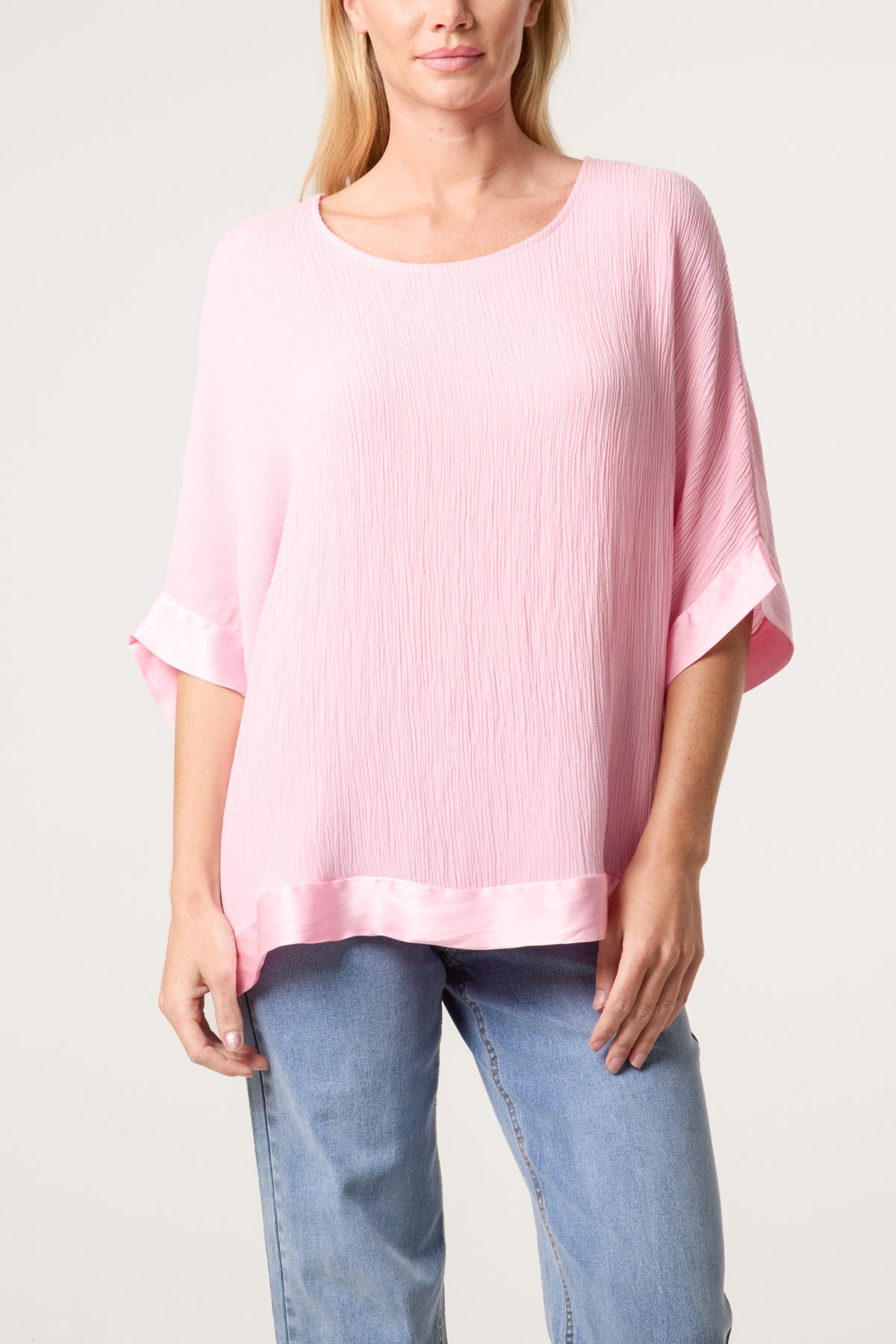 Crinkle Fabric Satin Trim Top