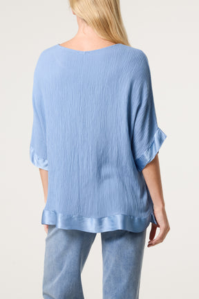 Crinkle Fabric Satin Trim Top