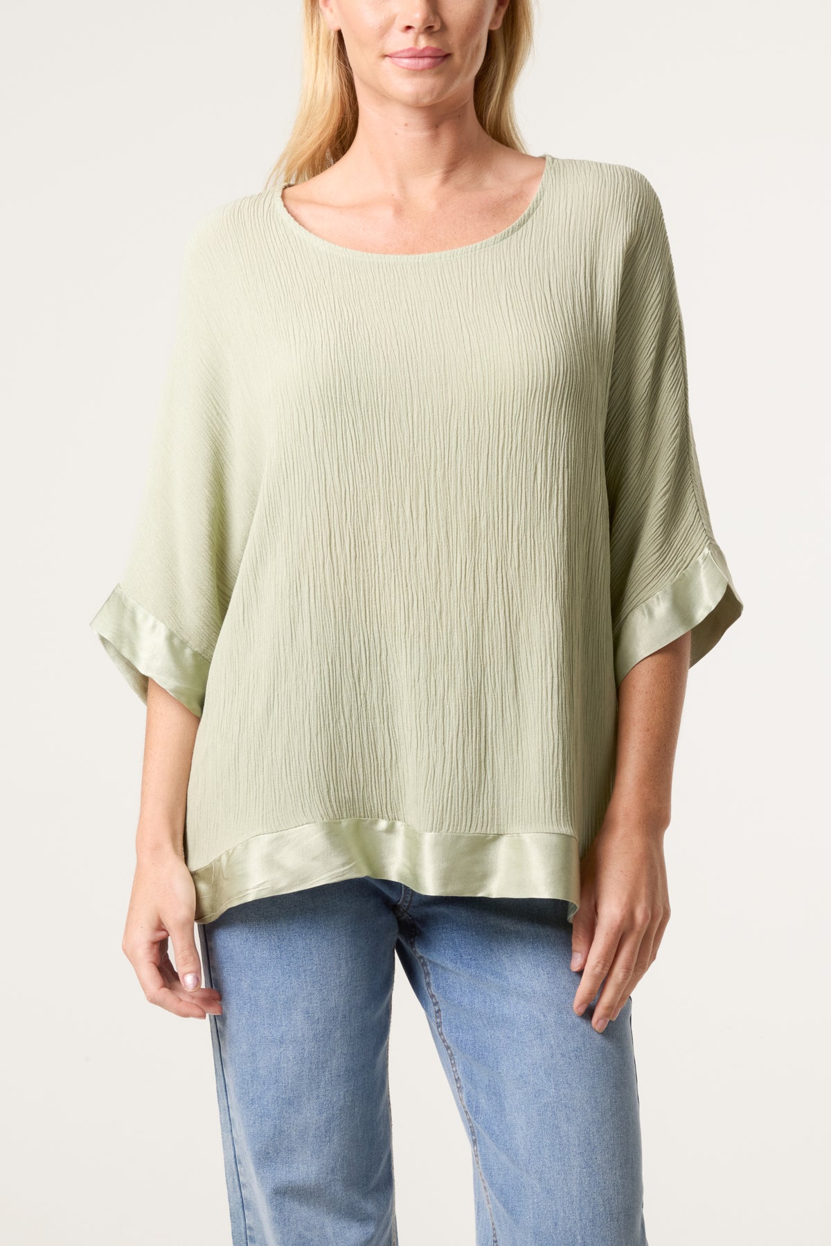 Crinkle Fabric Satin Trim Top