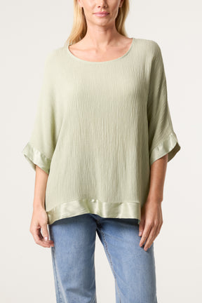 Crinkle Fabric Satin Trim Top
