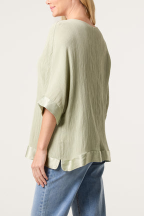 Crinkle Fabric Satin Trim Top