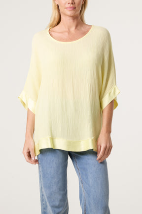 Crinkle Fabric Satin Trim Top