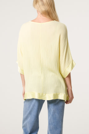 Crinkle Fabric Satin Trim Top