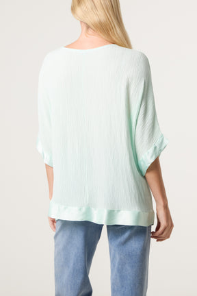 Crinkle Fabric Satin Trim Top