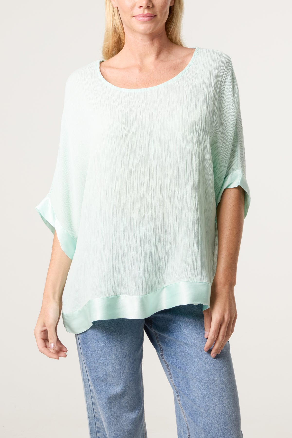 Crinkle Fabric Satin Trim Top