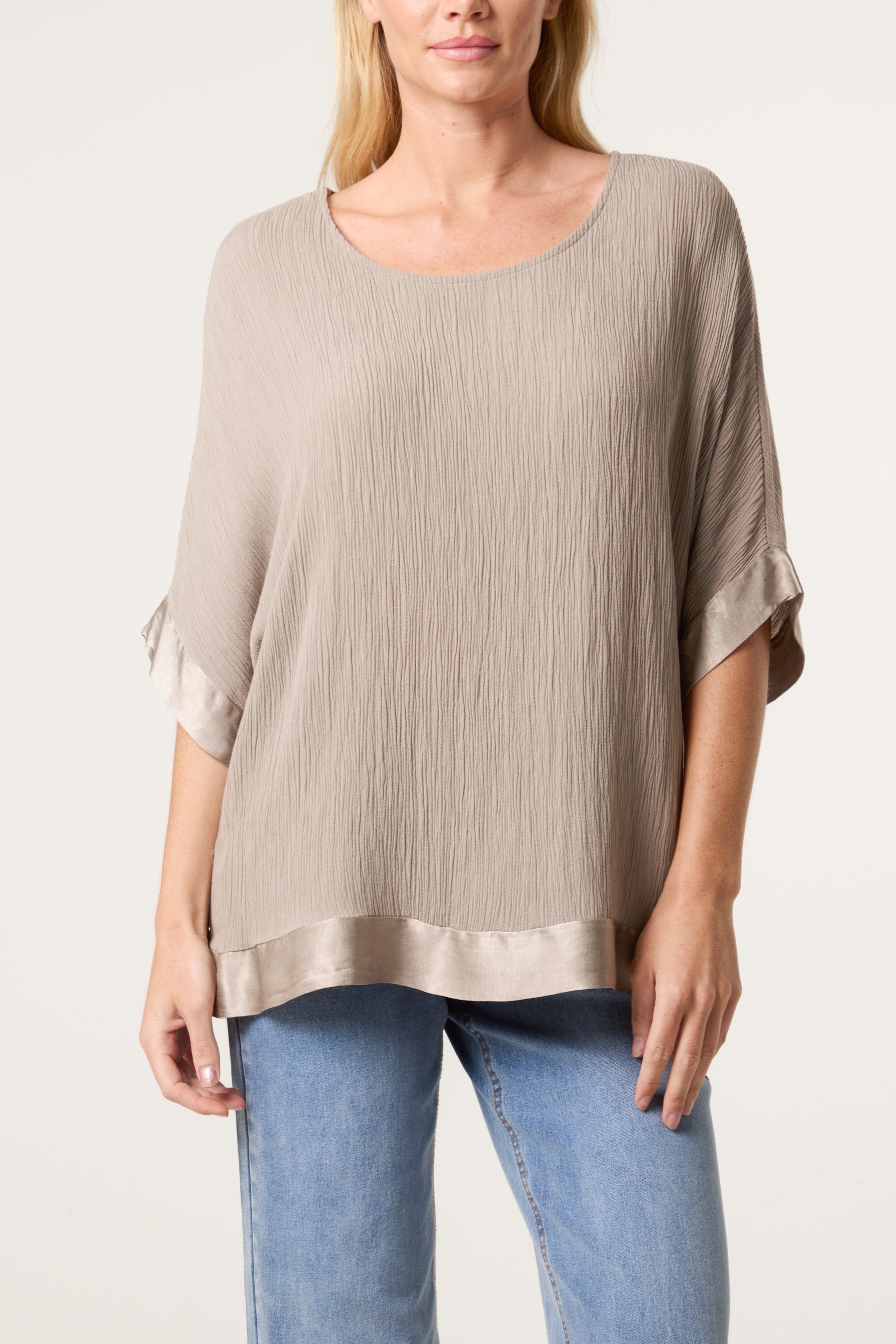 Crinkle Fabric Satin Trim Top