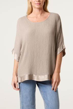 Crinkle Fabric Satin Trim Top