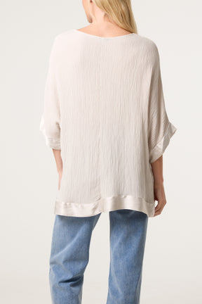 Crinkle Fabric Satin Trim Top