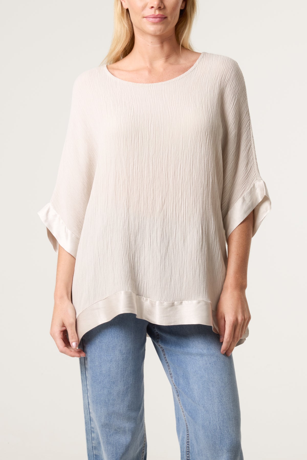 Crinkle Fabric Satin Trim Top