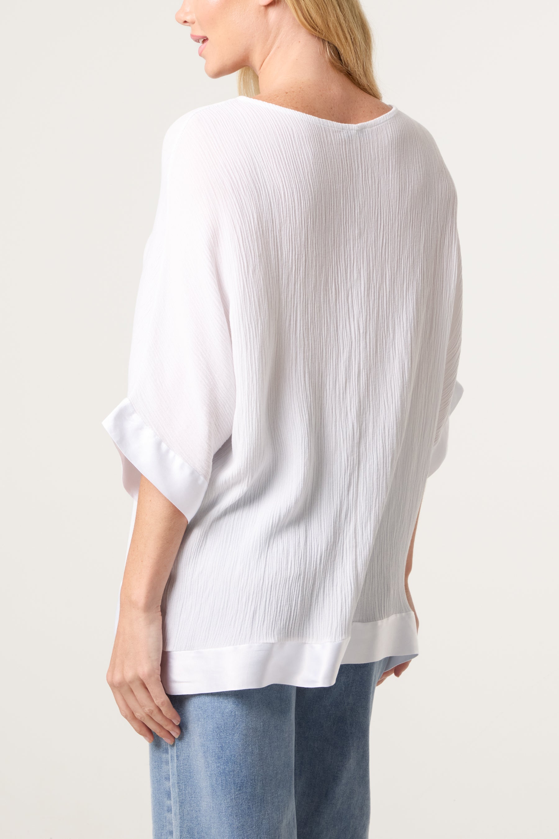 Crinkle Fabric Satin Trim Top