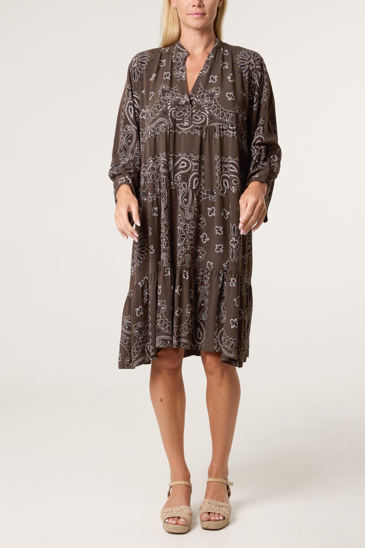Bandana V-Neck Long Sleeve Smock Dress