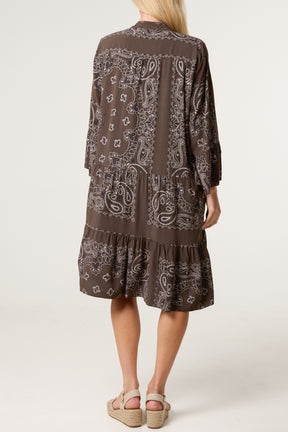Bandana V-Neck Long Sleeve Smock Dress