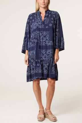 Bandana V-Neck Long Sleeve Smock Dress
