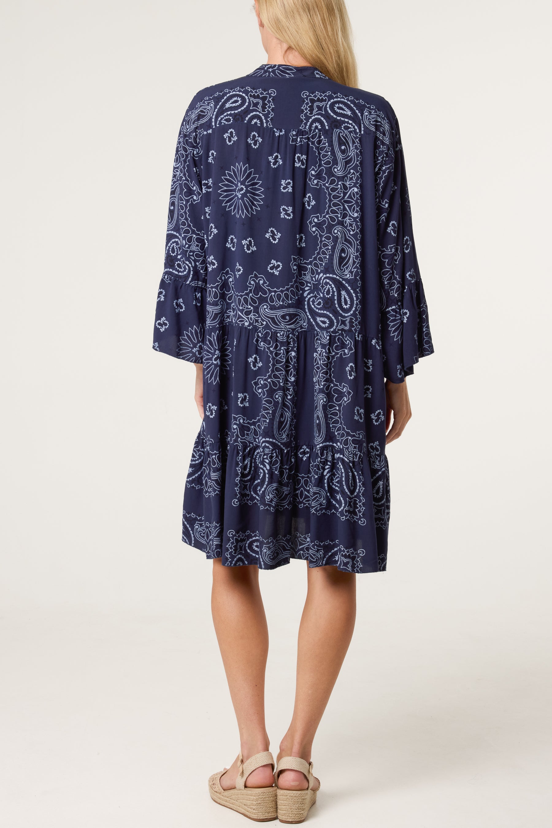 Bandana V-Neck Long Sleeve Smock Dress