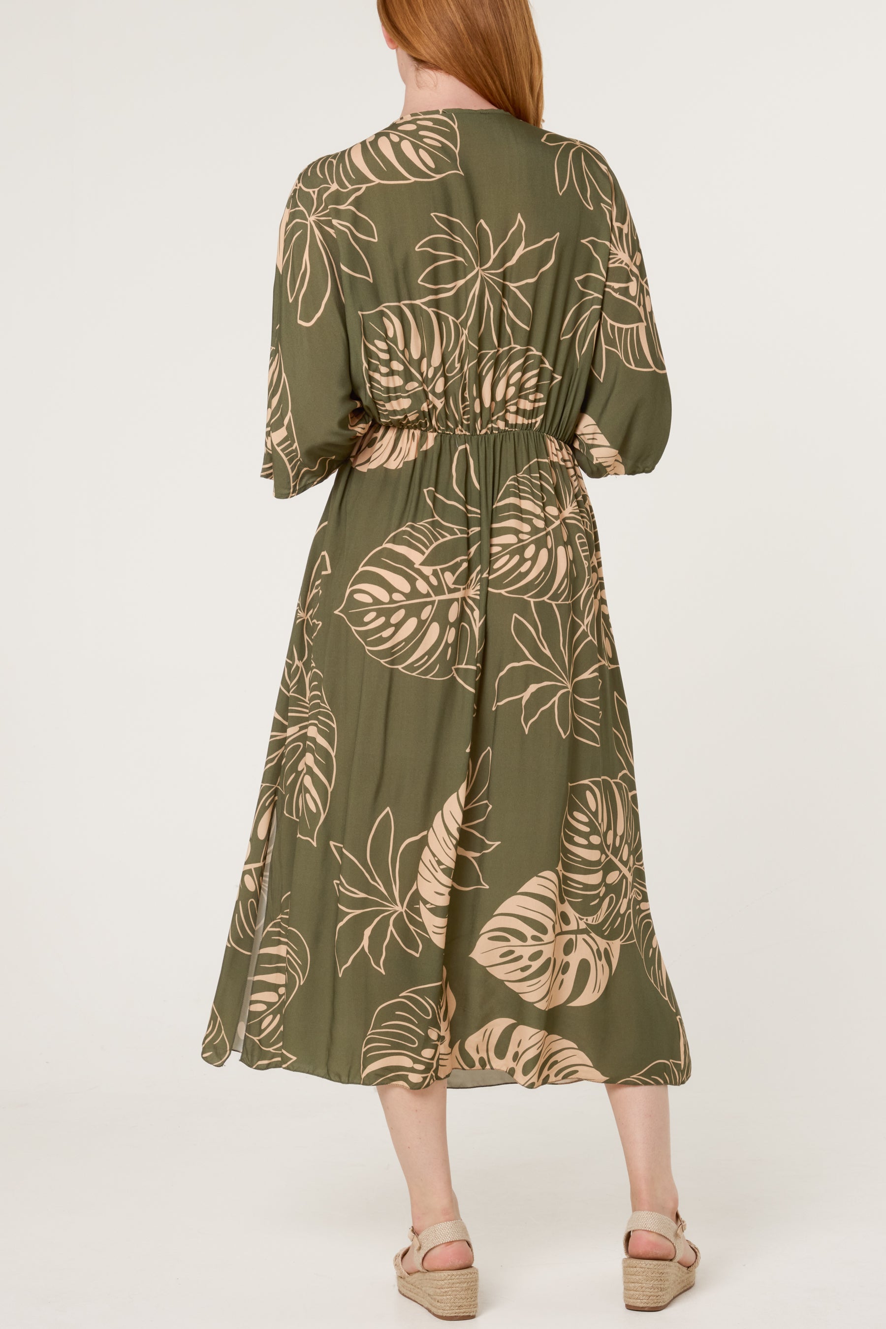 Tropical Leaf Patterned V-Neck Dress