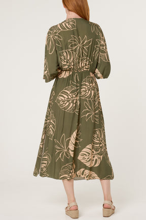 Tropical Leaf Patterned V-Neck Dress