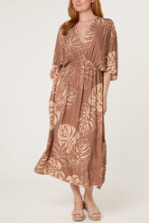 Tropical Leaf Patterned V-Neck Dress