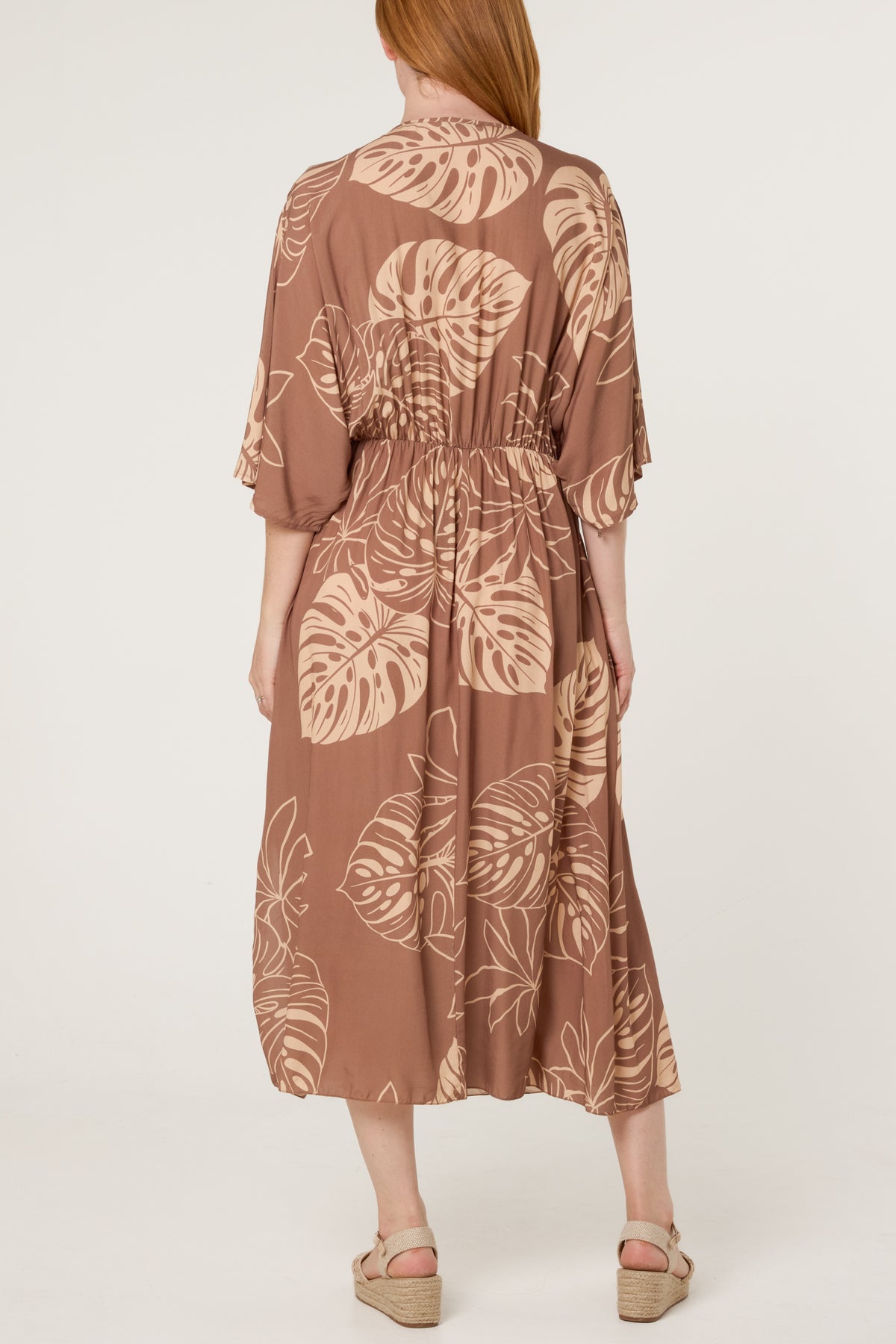 Tropical Leaf Patterned V-Neck Dress