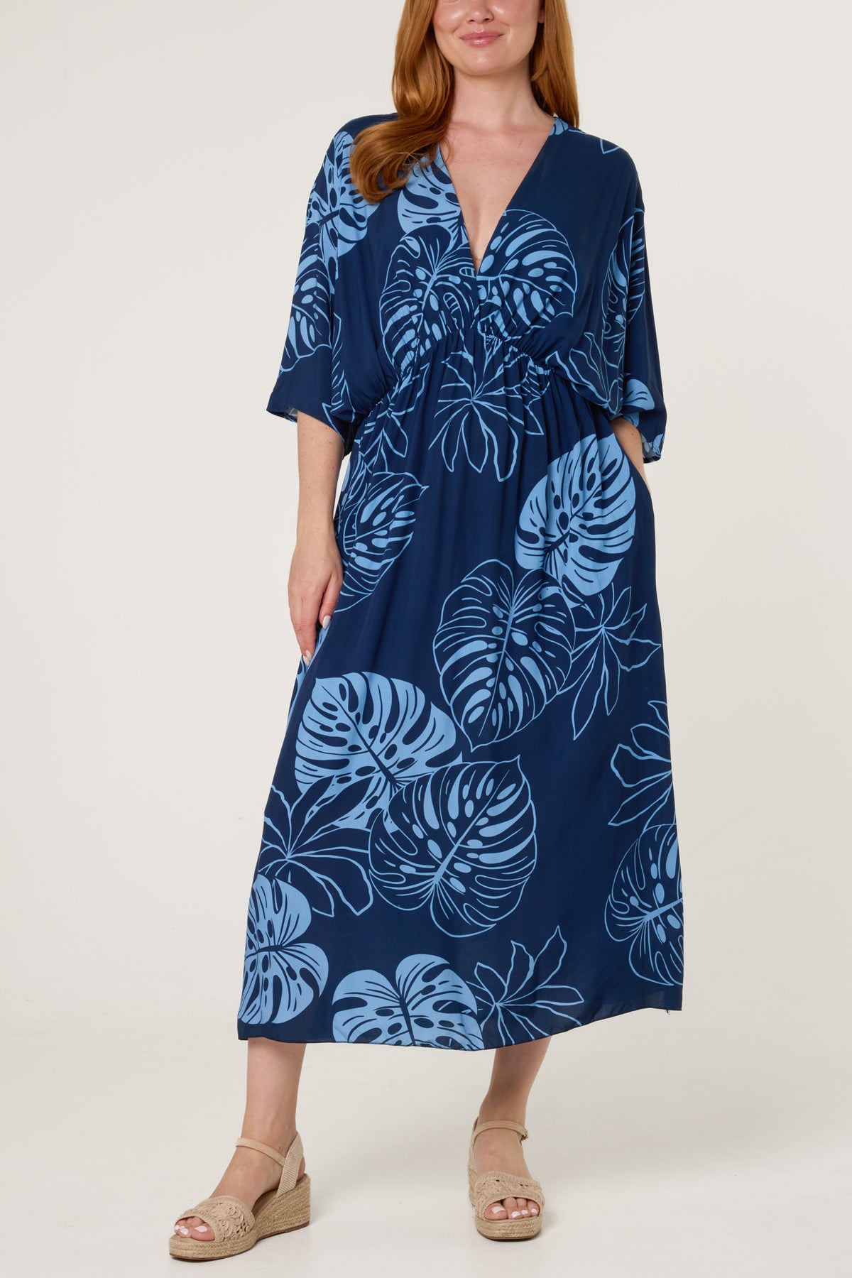 Tropical Leaf Patterned V-Neck Dress