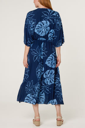 Tropical Leaf Patterned V-Neck Dress