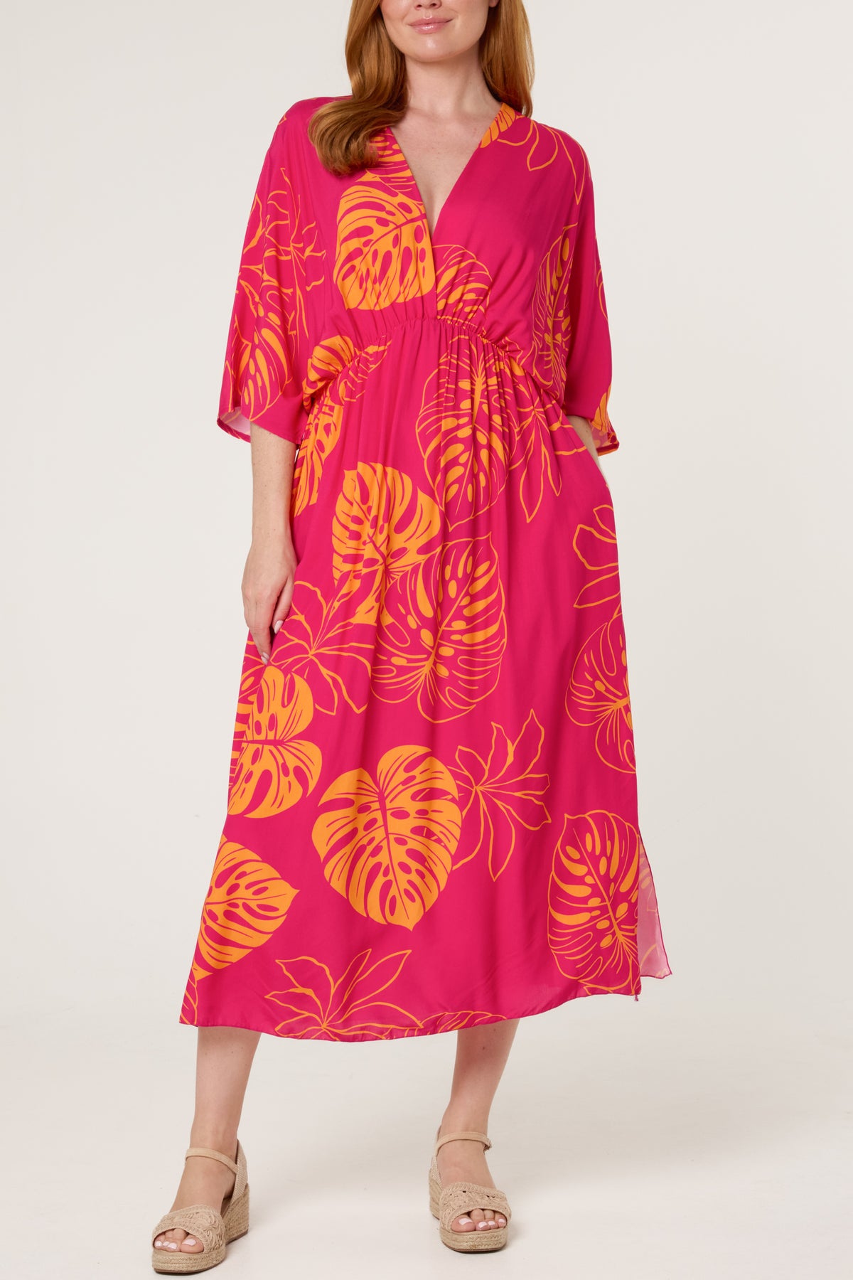 Tropical Leaf Patterned V-Neck Dress