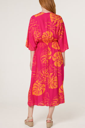 Tropical Leaf Patterned V-Neck Dress