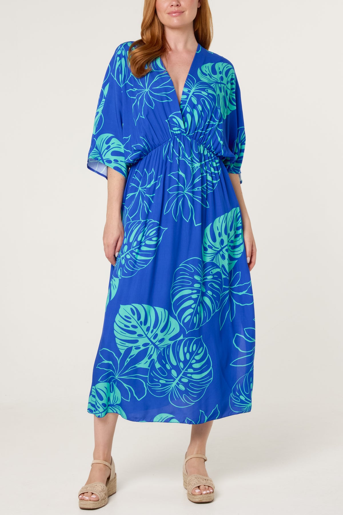 Tropical Leaf Patterned V-Neck Dress