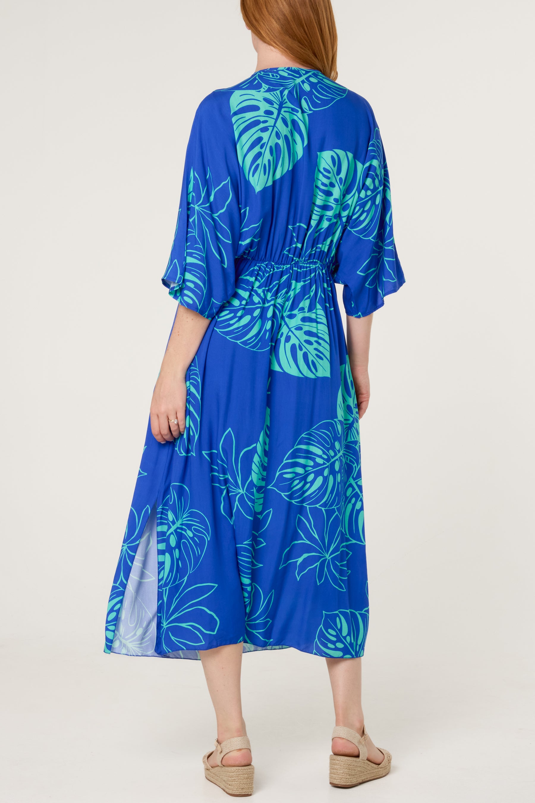 Tropical Leaf Patterned V-Neck Dress