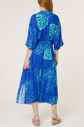 Tropical Leaf Patterned V-Neck Dress