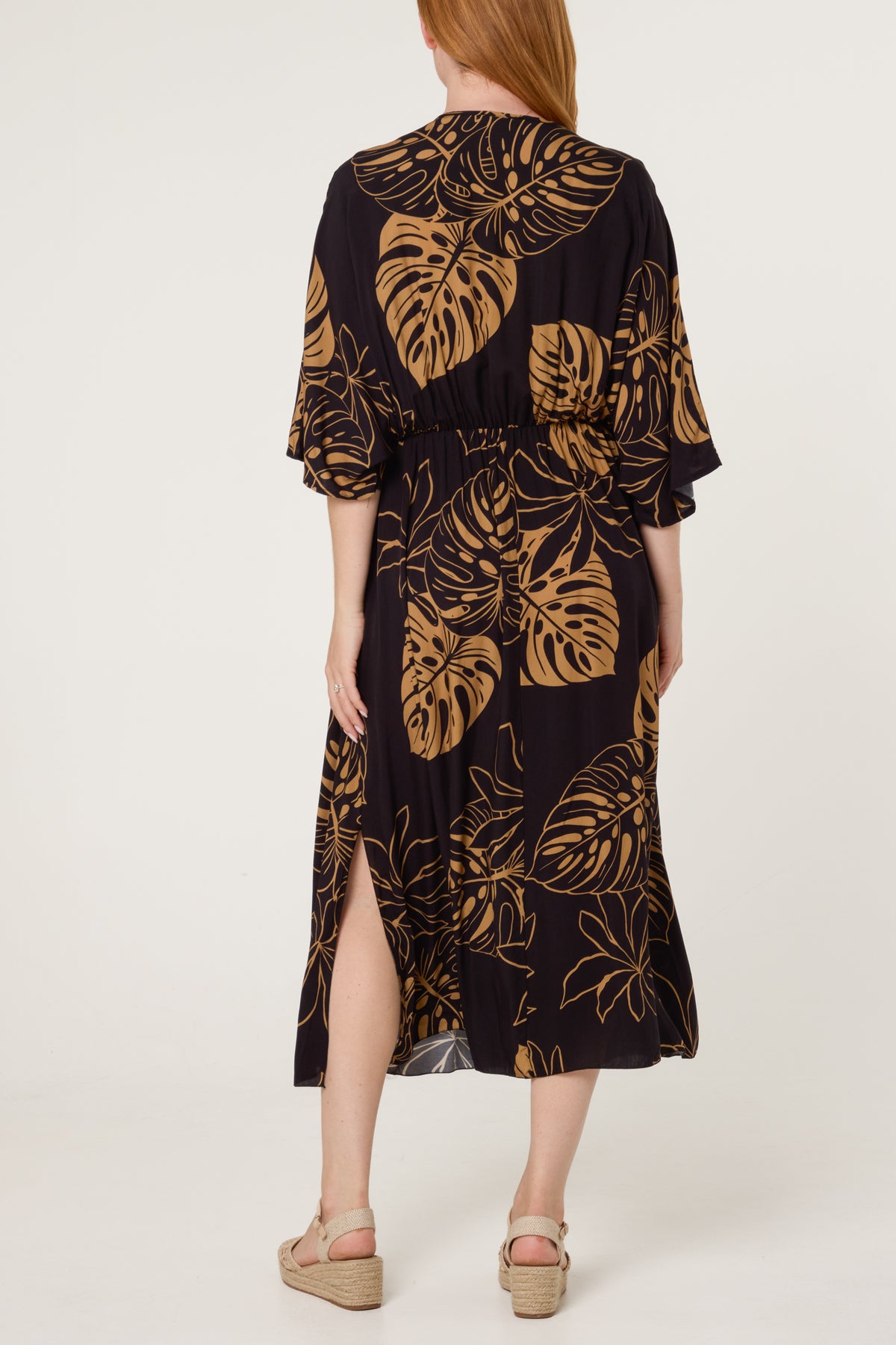 Tropical Leaf Patterned V-Neck Dress