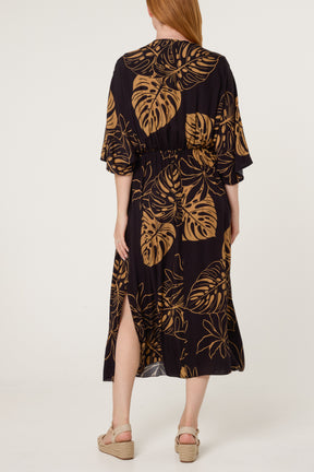Tropical Leaf Patterned V-Neck Dress