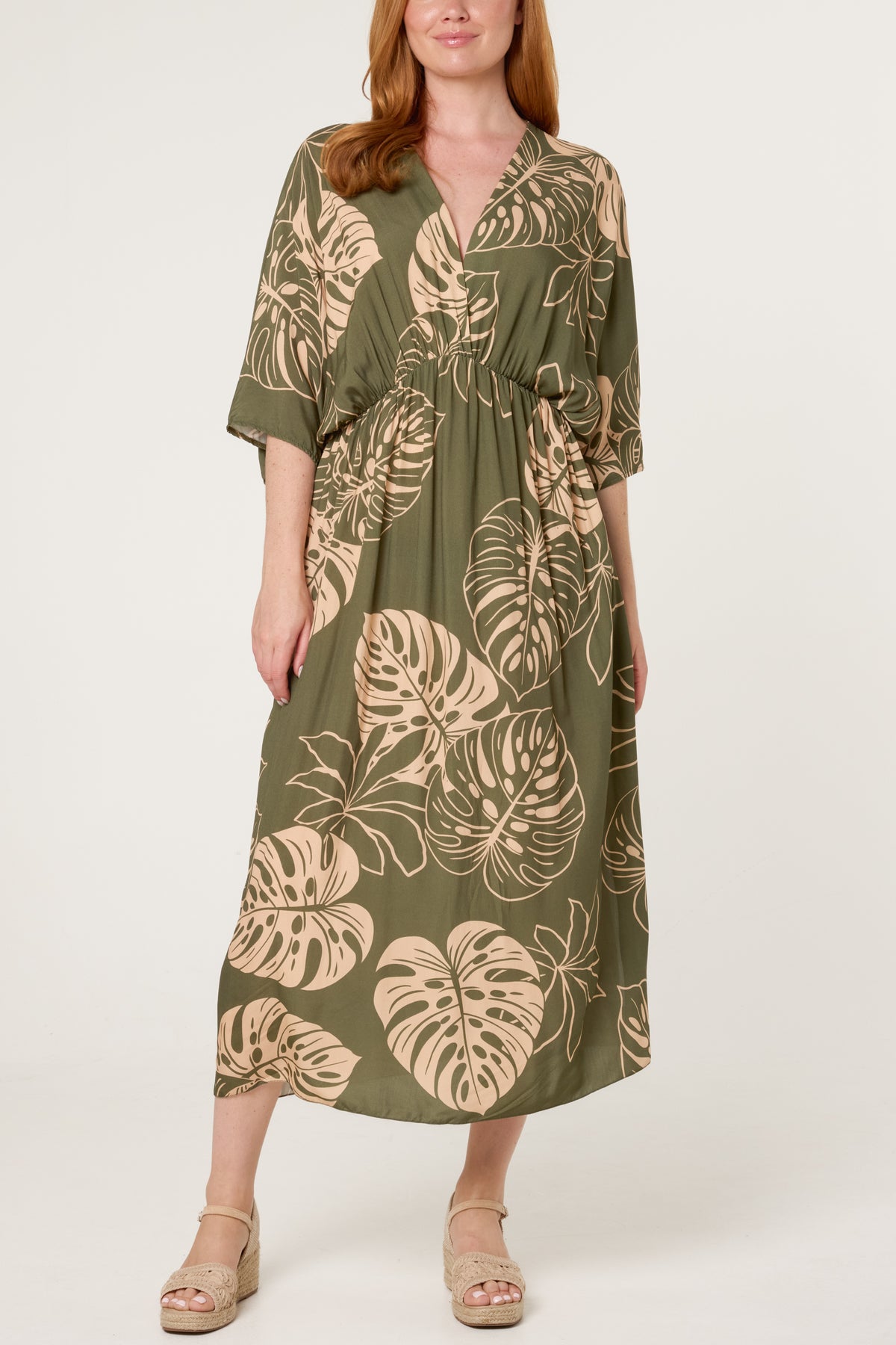 Tropical Leaf Patterned V-Neck Dress