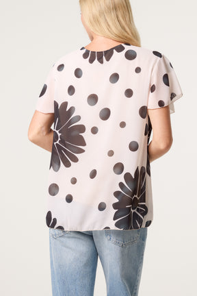 Pleated Floral & Polka Dot Top