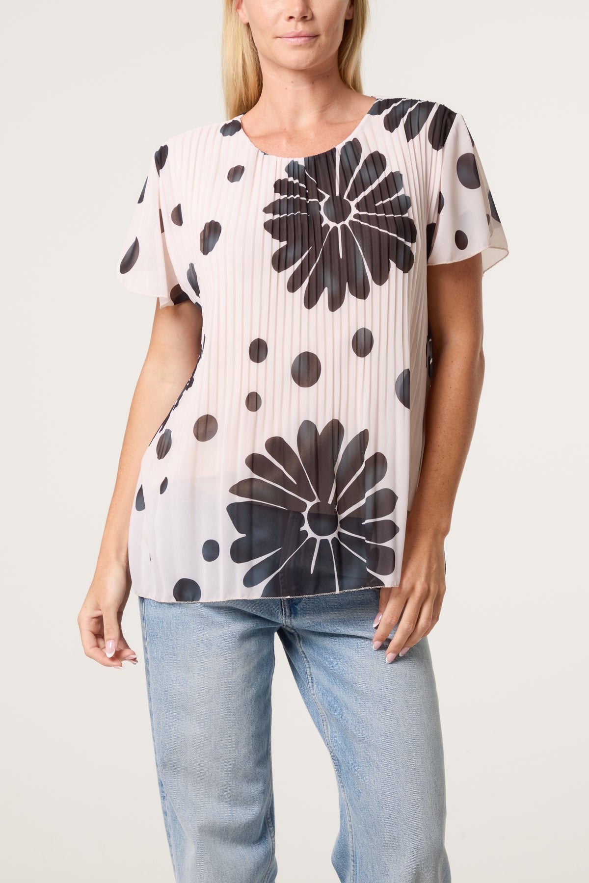 Pleated Floral & Polka Dot Top