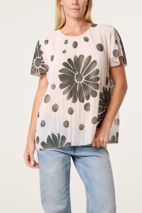 Pleated Floral & Polka Dot Top