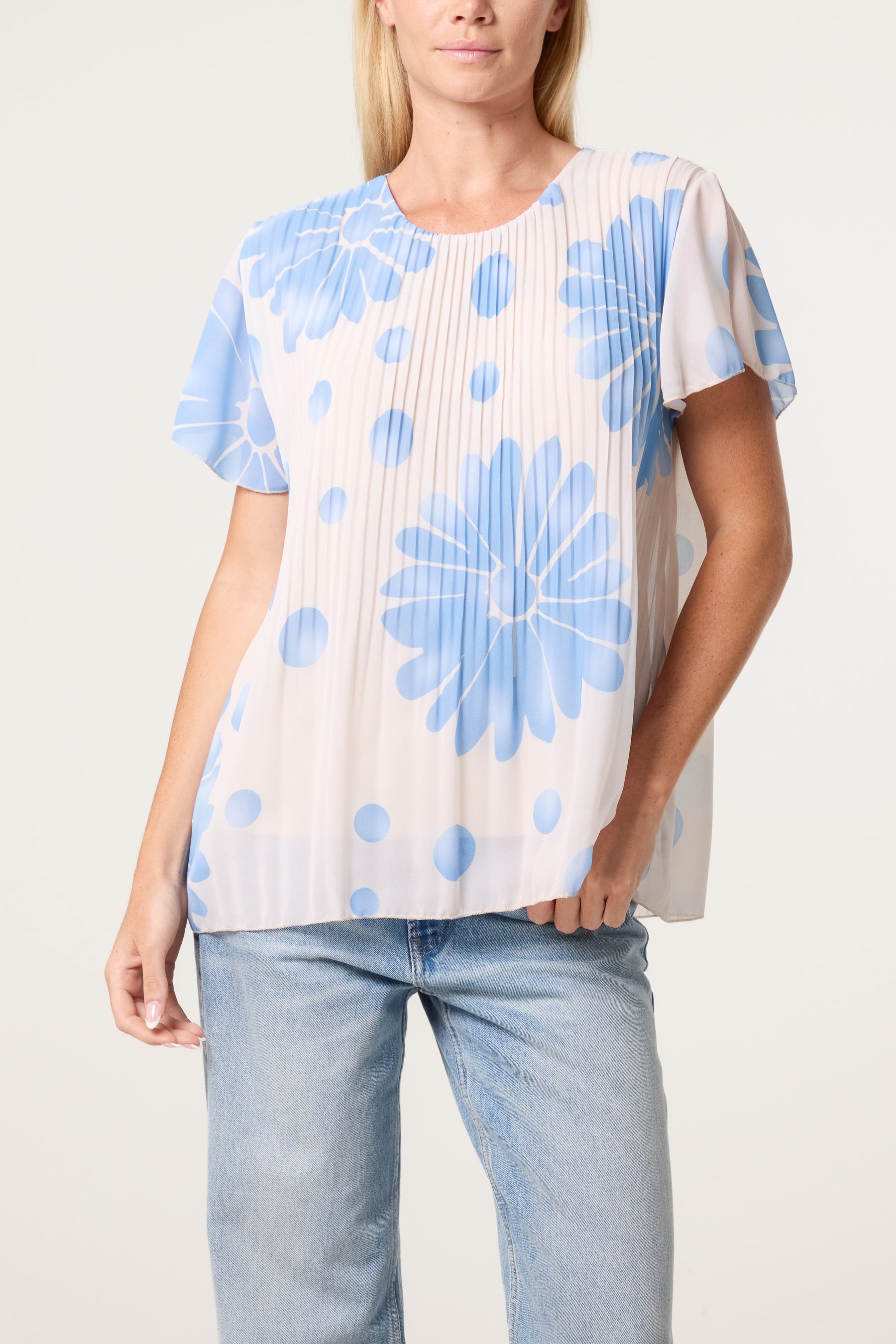 Pleated Floral & Polka Dot Top