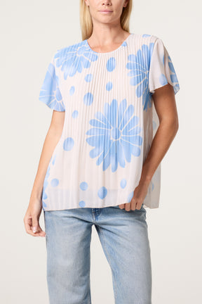 Pleated Floral & Polka Dot Top