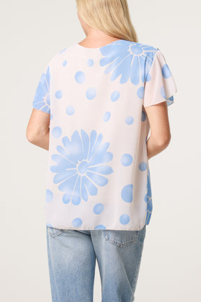 Pleated Floral & Polka Dot Top