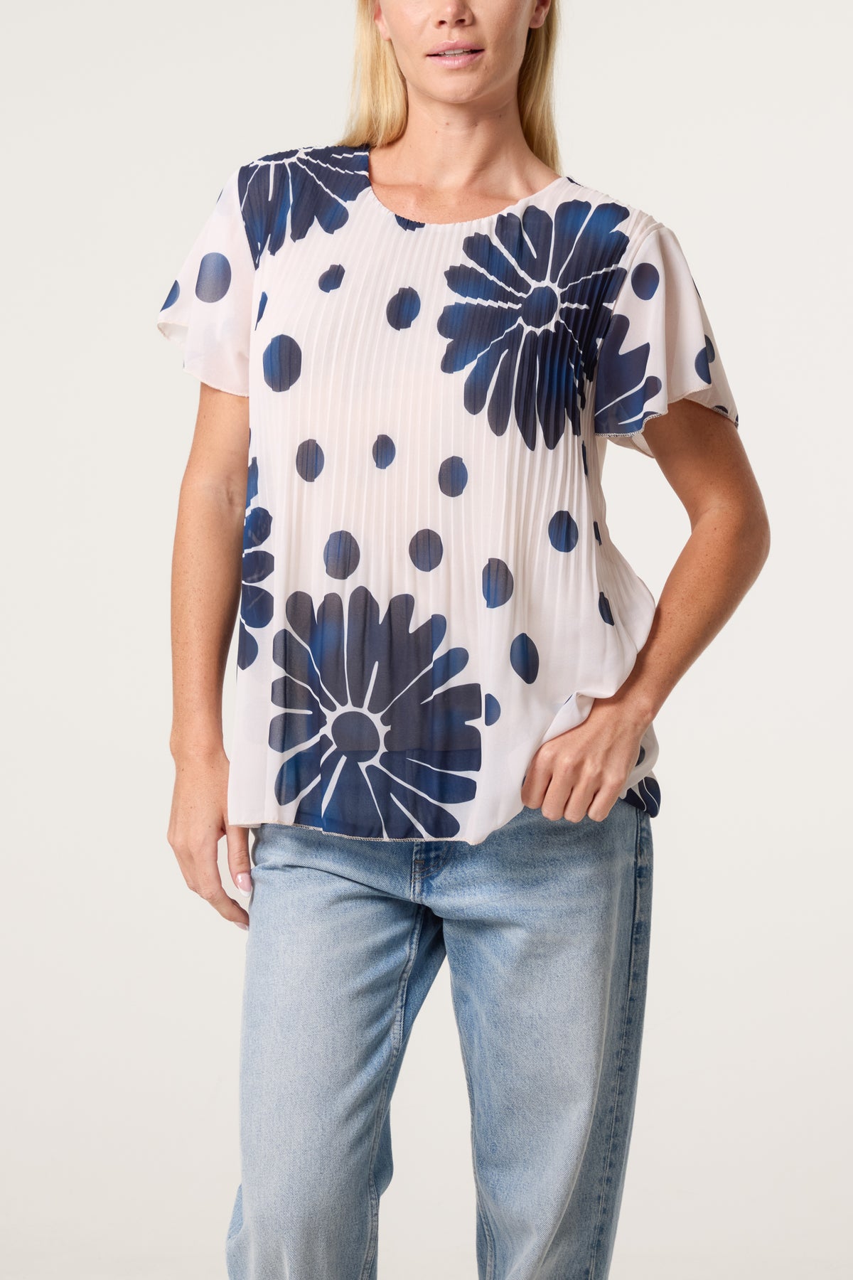 Pleated Floral & Polka Dot Top