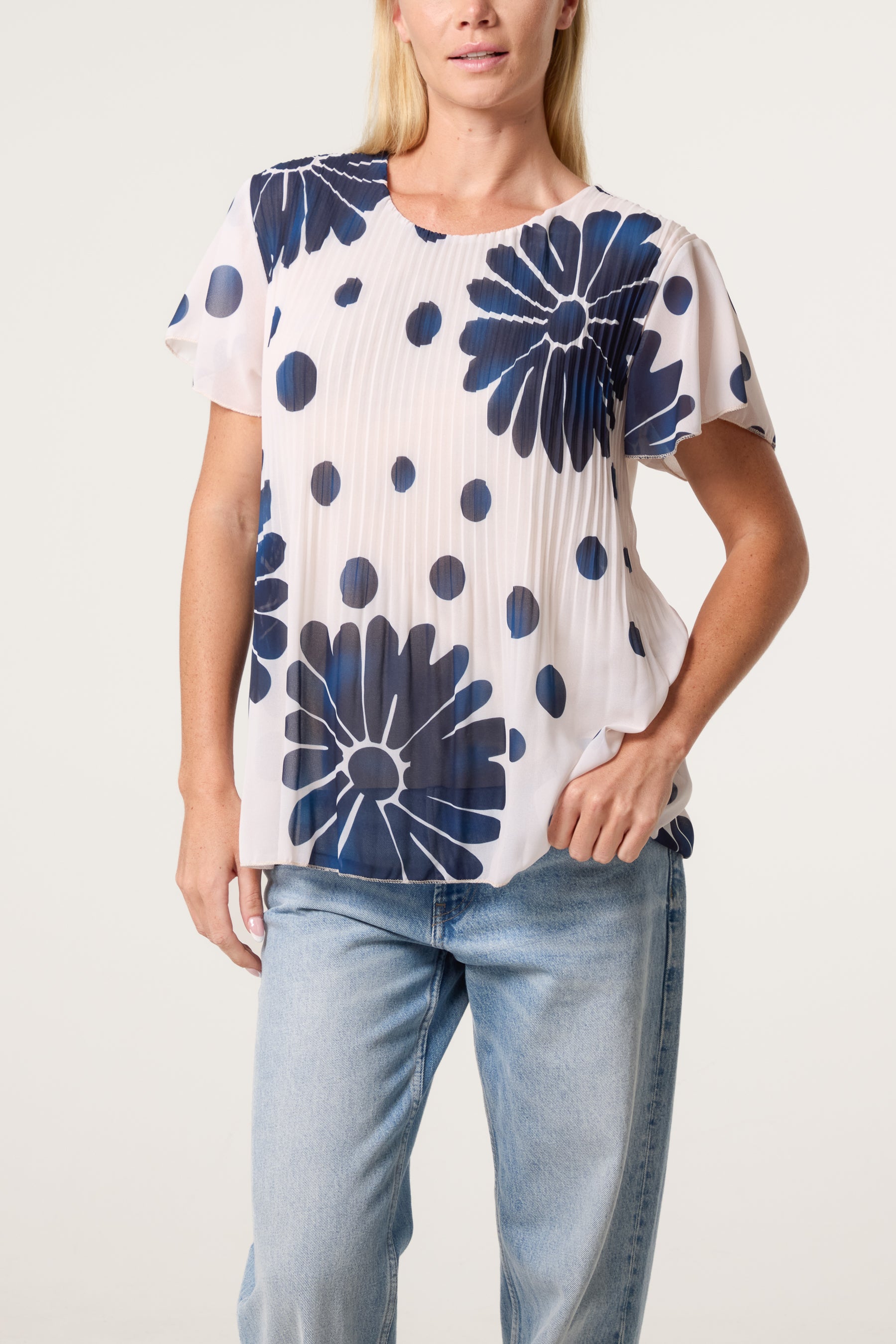 Pleated Floral & Polka Dot Top